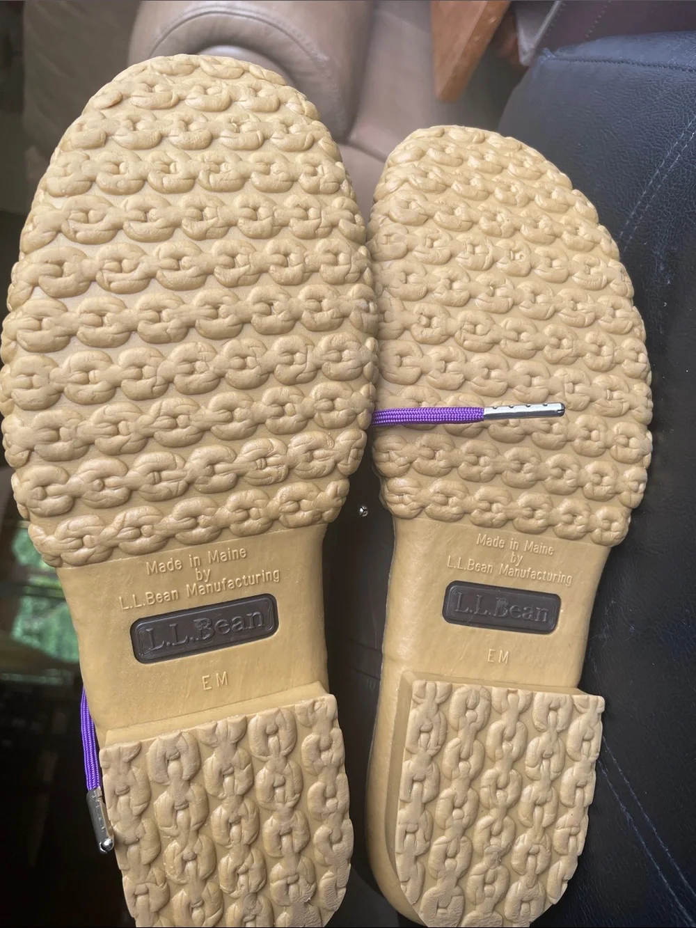 L.L. Bean Chestnut and Dark Brown Bean Boots with Purple Laces